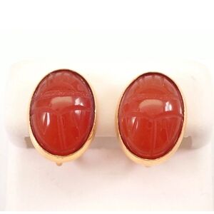 Vintage 14K Yellow Gold Carnelian Scarab Beetle Screw Back Dangle Earrings